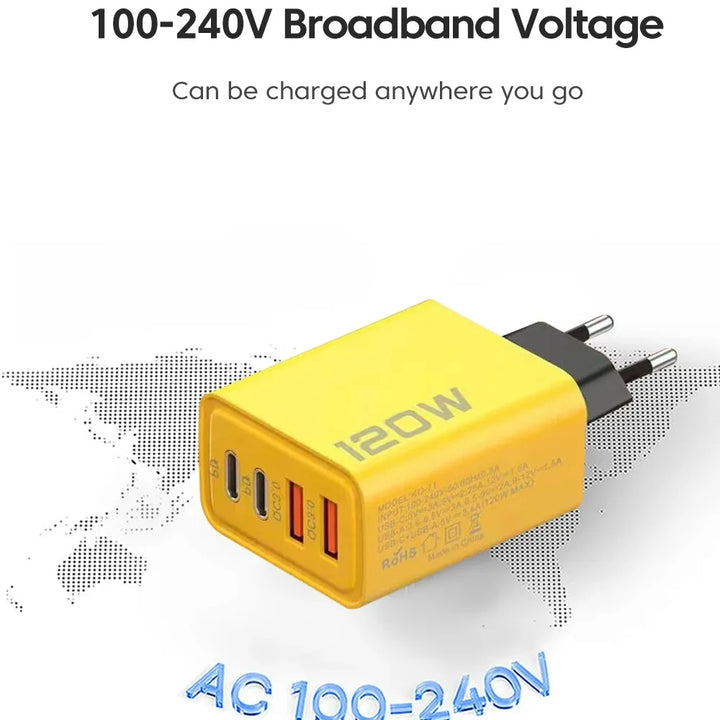 120W Fast Charger – 4-Port USB & Type-C Power Hub for All Devices
