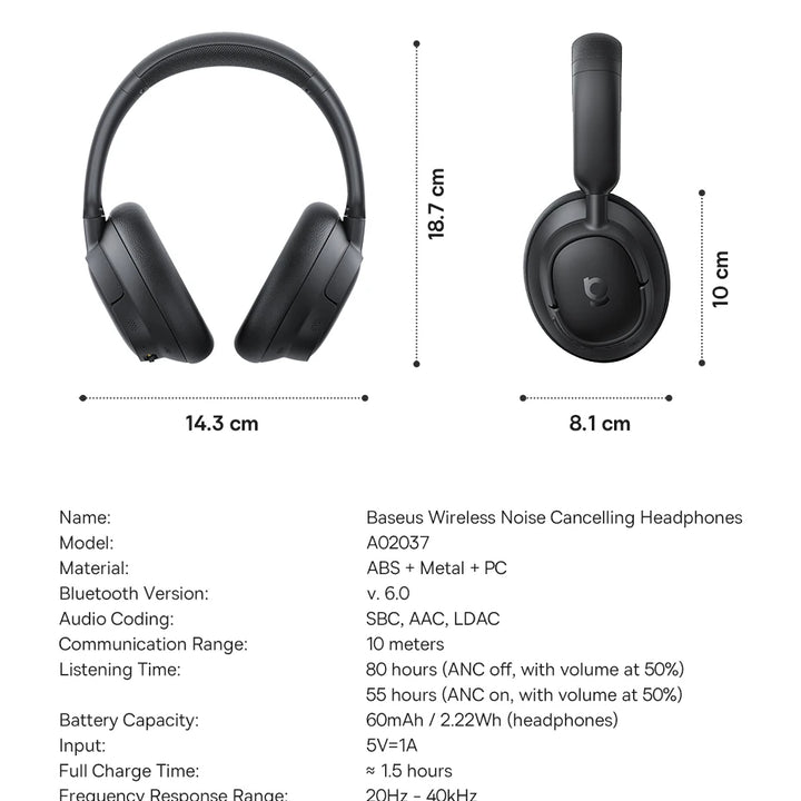 Baseus Bowie H1s Wireless Headphones – Bluetooth 5.4 | 46dB ANC & Hi-Res Audio