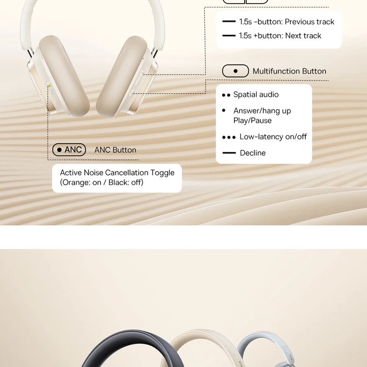 Baseus Bowie H1s Wireless Headphones – Bluetooth 5.4 | 46dB ANC & Hi-Res Audio